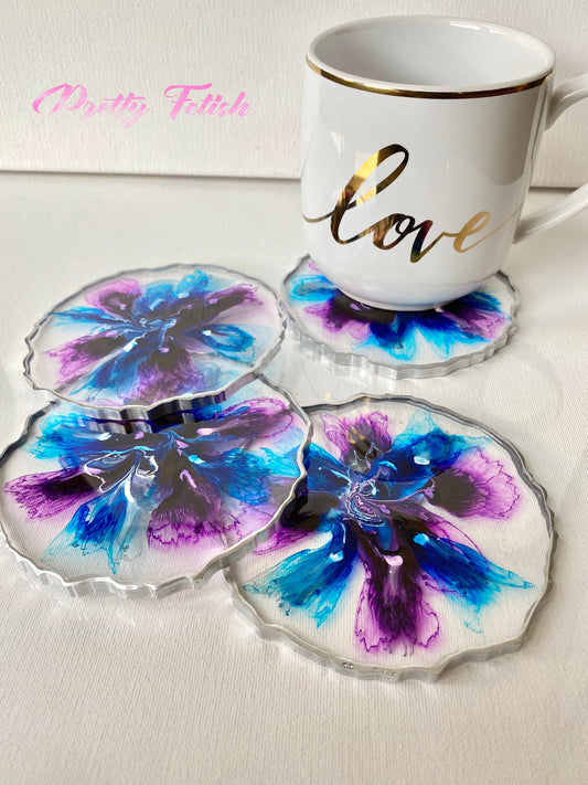 Resin Geode Coaster with Alcohol Ink and Silver Trim