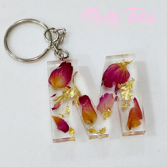 Resin Initial Keychain With Flower And Flakes